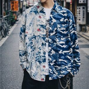 EMOTIONALLY‎ UNAVAILABLE Split-Print Japanese Streetwear Button Down Shirt